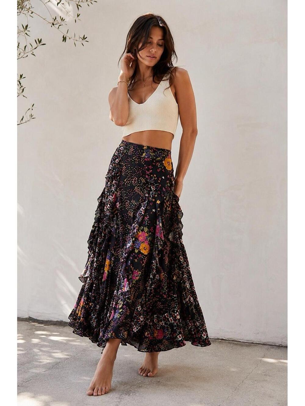 Free People Forever Flirt Maxi Skirt Floral Printed Ruffle Tiered High Rise Sz 4